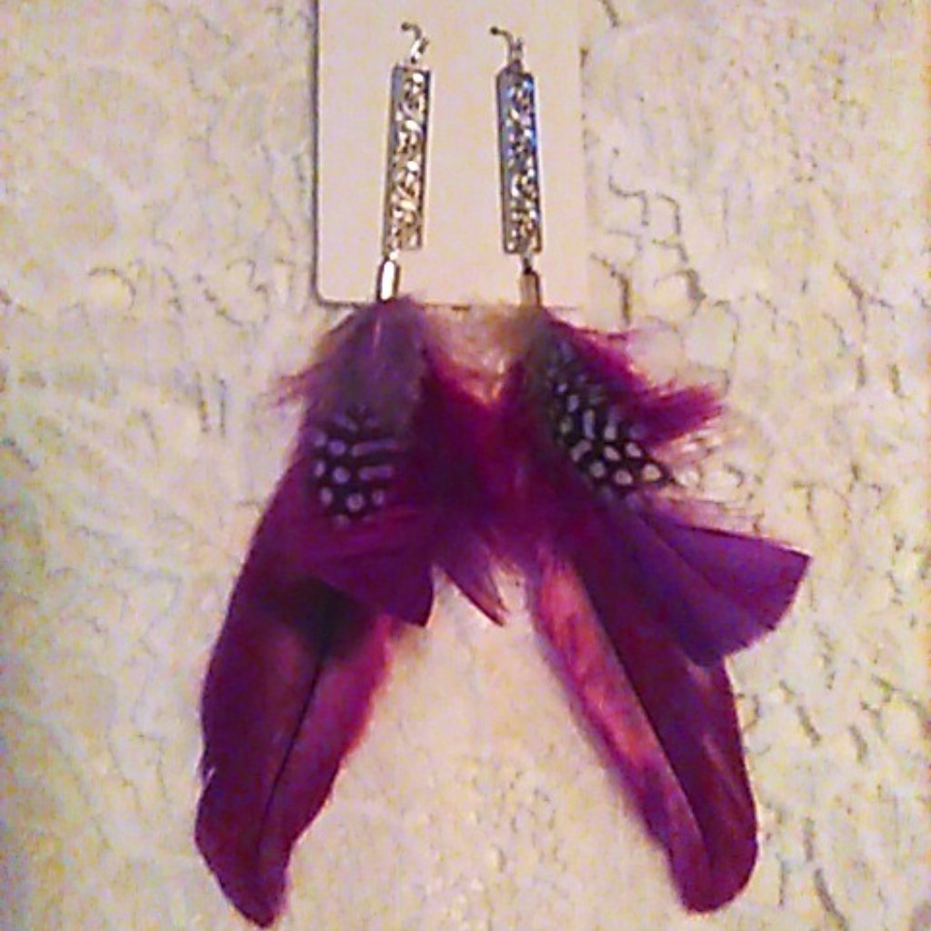 Earrings Purple Feathers & Guinea Long Rectangle Silver-Tone Charm Upcycled New